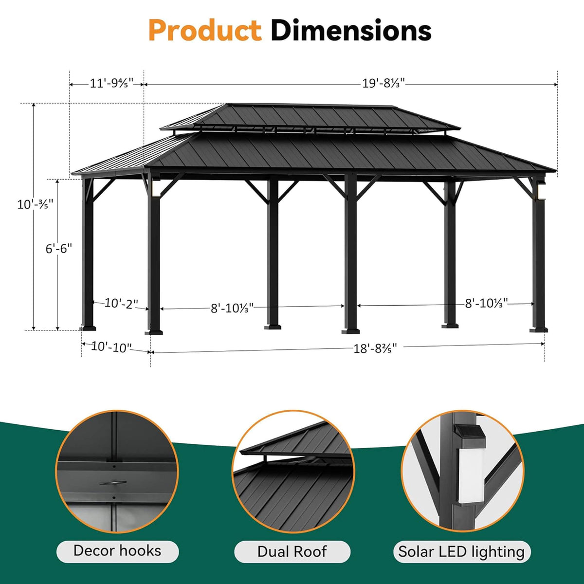 Napa Hardtop Aluminum Gazebo with Solar LED Lighting & Double Steel Roof
