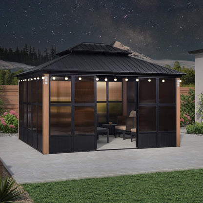 Sonoma All-Weather Hardtop Sunroom Pavilion with LED String Lights & Sliding Doors