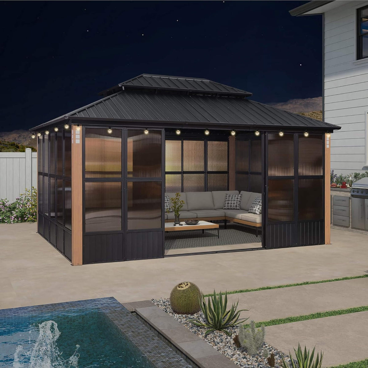 Sonoma All-Weather Hardtop Sunroom Pavilion with LED String Lights & Sliding Doors
