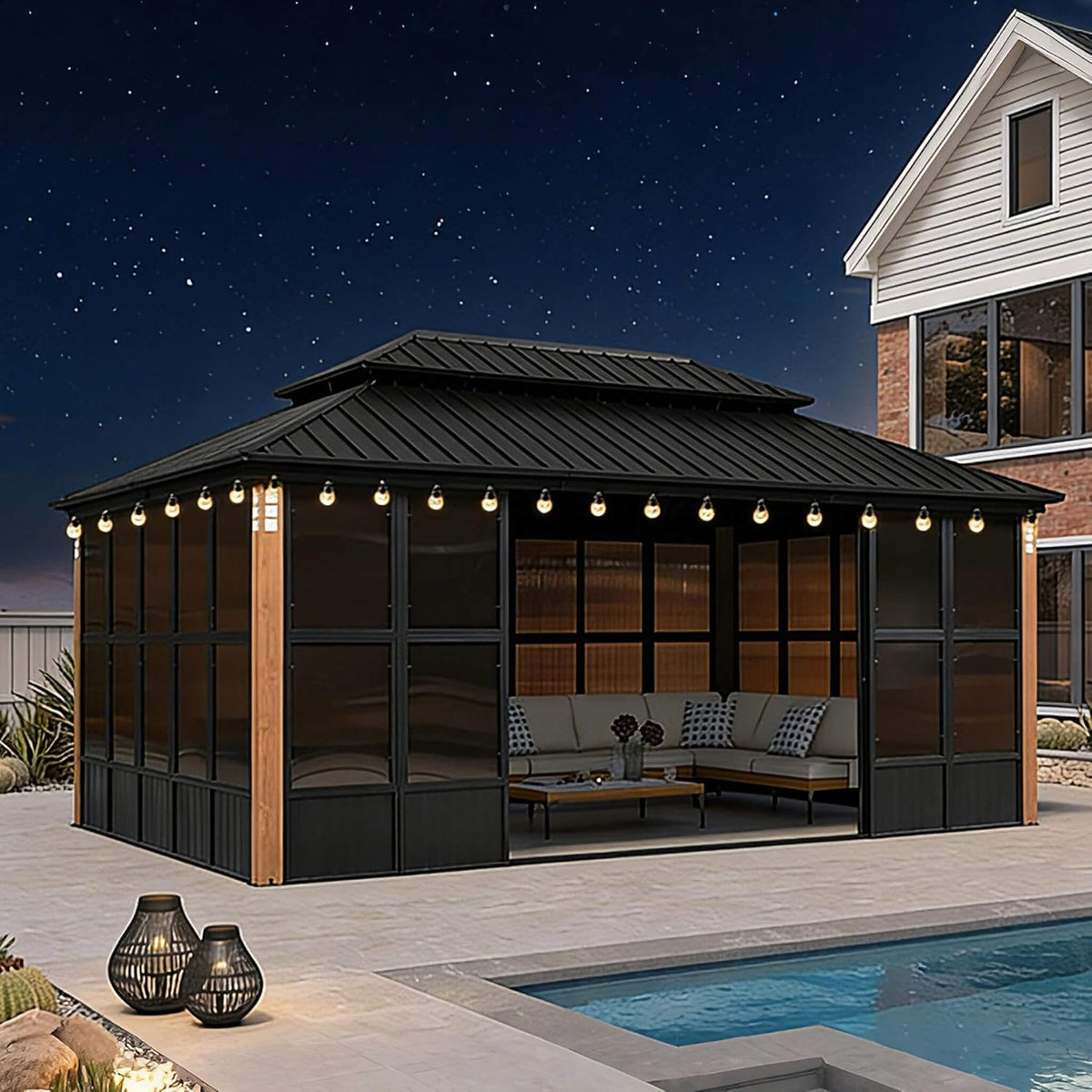 Sonoma All-Weather Hardtop Sunroom Pavilion with LED String Lights & Sliding Doors