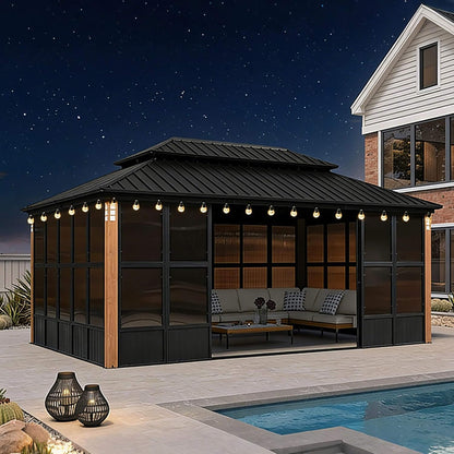 Sonoma All-Weather Hardtop Sunroom Pavilion with LED String Lights & Sliding Doors