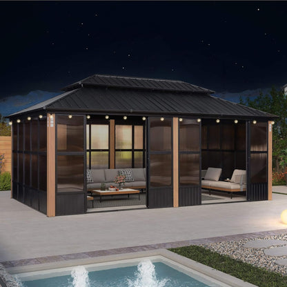 Sonoma All-Weather Hardtop Sunroom Pavilion with LED String Lights & Sliding Doors