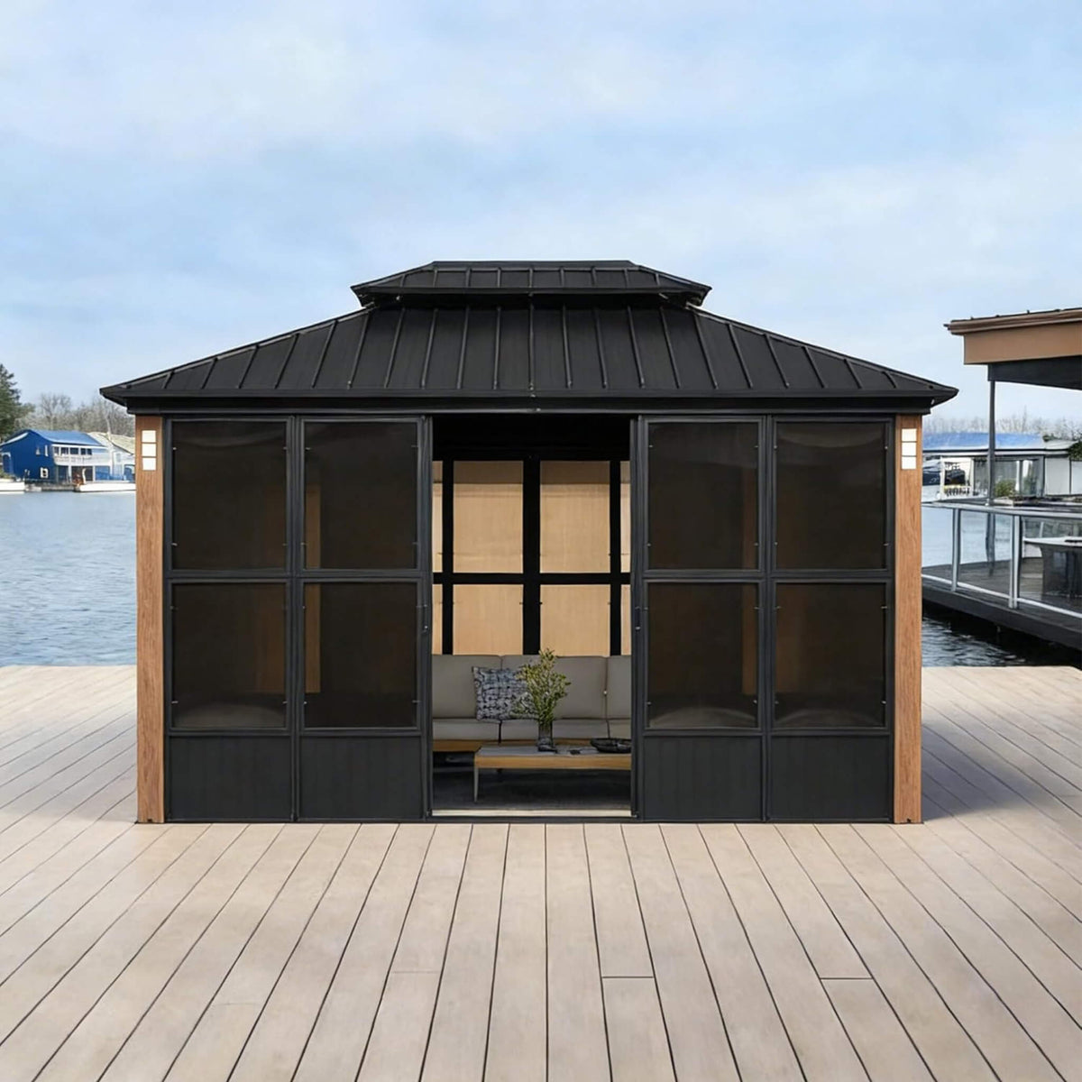 Sonoma All-Weather Hardtop Sunroom Pavilion with LED String Lights & Sliding Doors