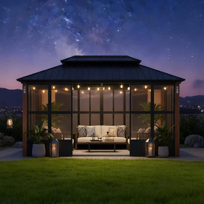 Sonoma All-Weather Hardtop Sunroom Pavilion with LED String Lights & Sliding Doors