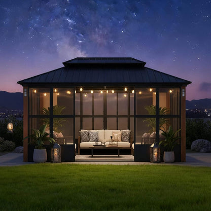 Sonoma All-Weather Hardtop Sunroom Pavilion with LED String Lights & Sliding Doors