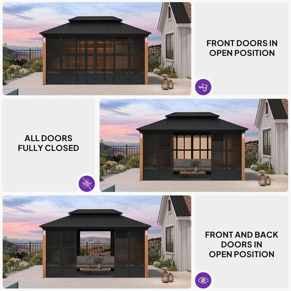 Sonoma All-Weather Hardtop Sunroom Pavilion with LED String Lights & Sliding Doors