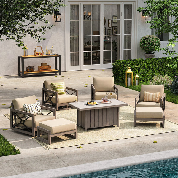 Marindo 7-Piece Luxury Swivel Lounge Set with 50,000 BTU Fire Table