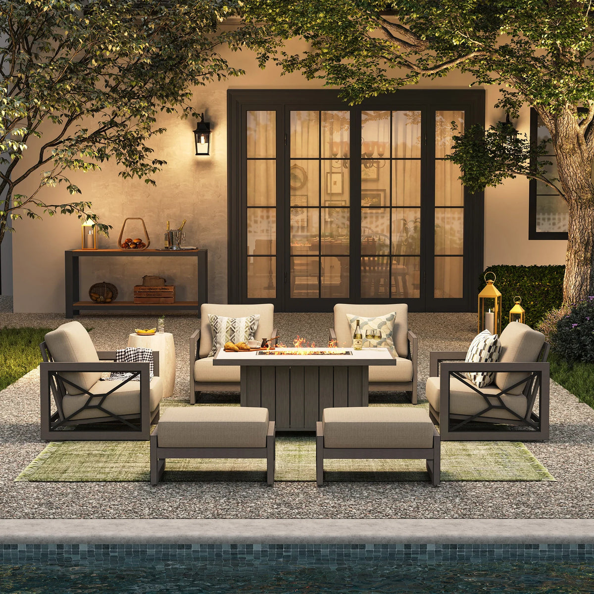 Marindo 7-Piece Aluminum Fire Table Lounge Set with Ottomans