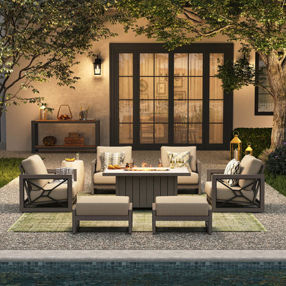 Marindo 7-Piece Aluminum Fire Table Lounge Set with Ottomans