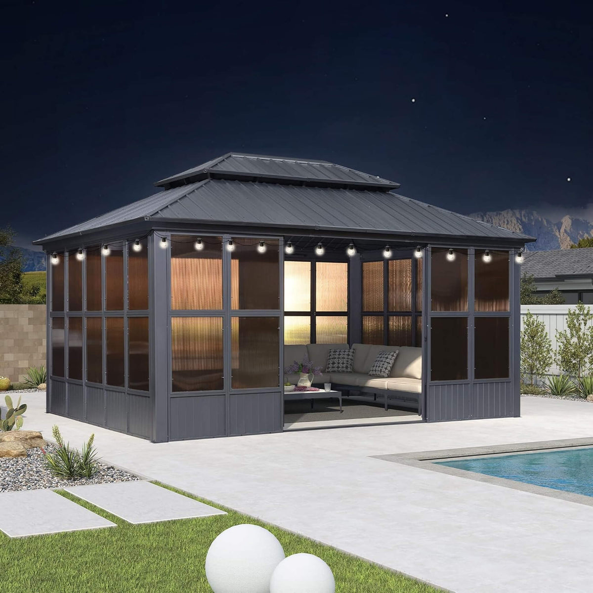 Vista Hardtop Aluminum Solarium with Double Roof & Integrated Lighting