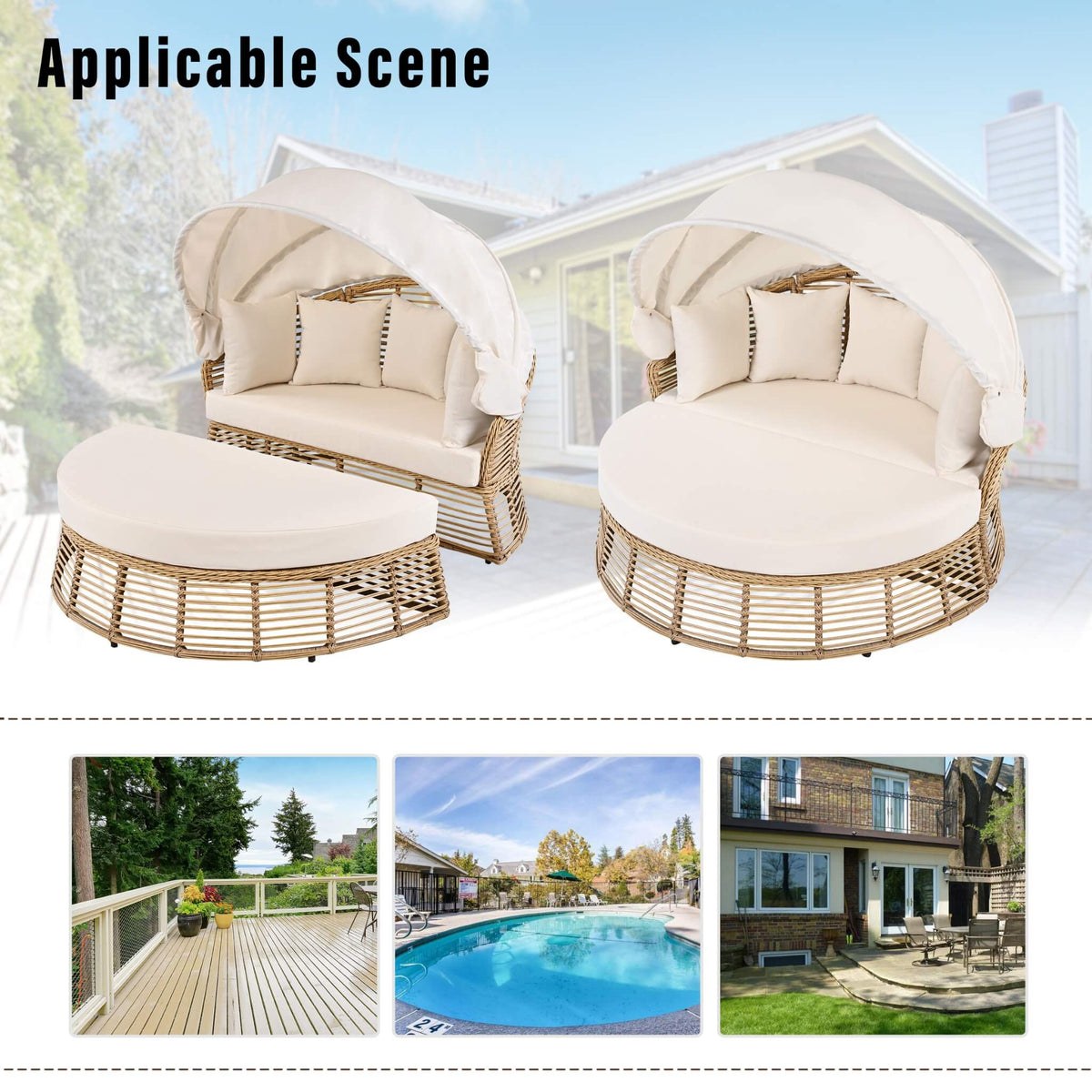 Valencia 53-Inch Round Outdoor Daybed with Retractable Canopy