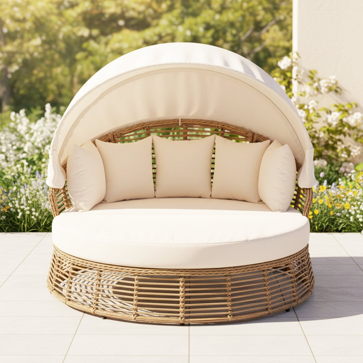 Valencia 53-Inch Round Outdoor Daybed with Retractable Canopy
