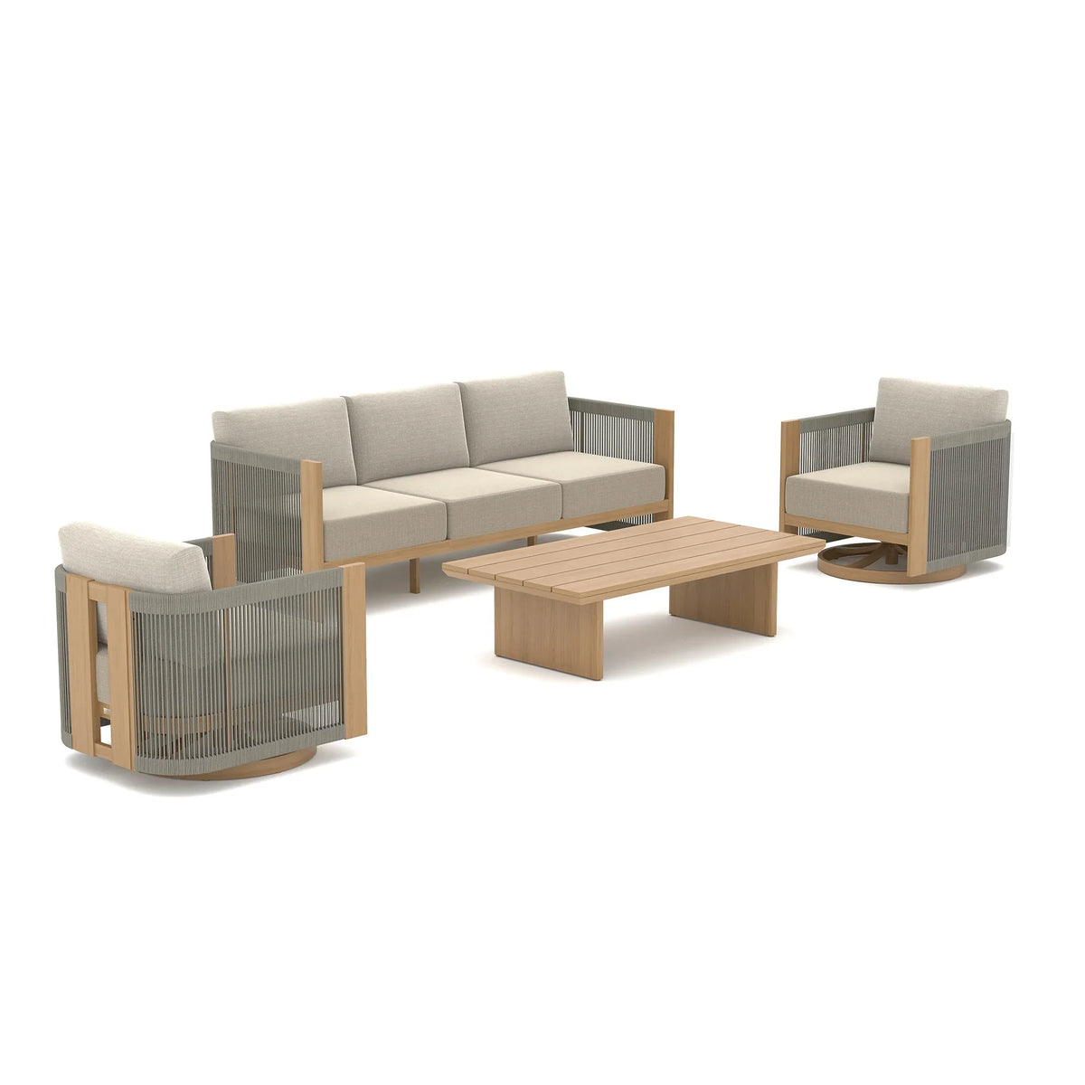Positano 4-Piece Teak-Finish Olefin Rope Swivel Lounge Set with 52" Table
