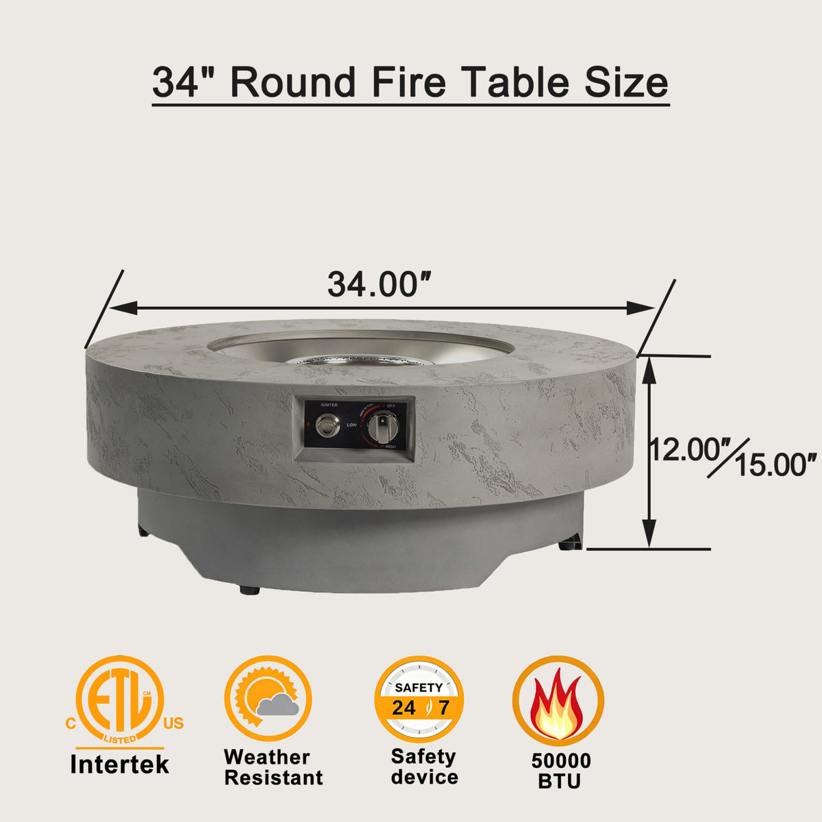 Alora 34" Round Cement-Finish Propane Fire Table with Glass Stones & Burner Cover