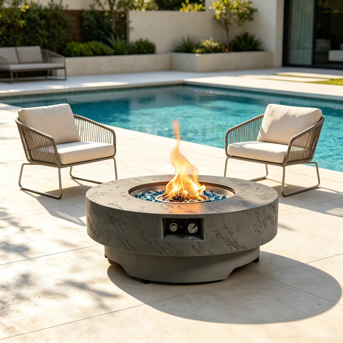 Alora 34" Round Cement-Finish Propane Fire Table with Glass Stones & Burner Cover