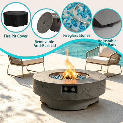 Alora 34" Round Cement-Finish Propane Fire Table with Glass Stones & Burner Cover