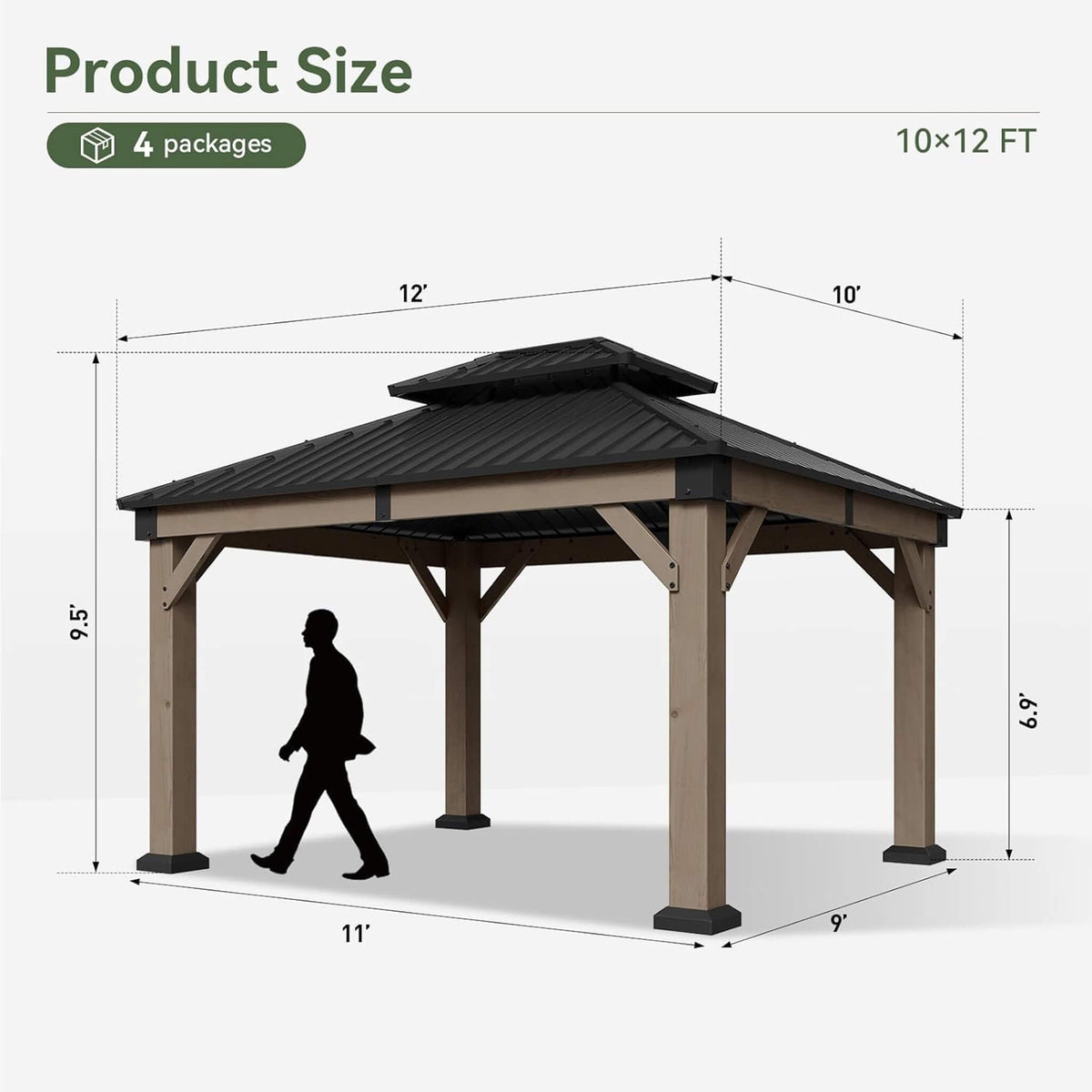 Montecito Cedar Wood Galvanized Steel Hardtop Gazebo with Dual-Tier Roof