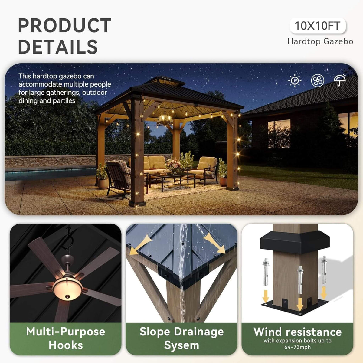 Montecito Cedar Wood Galvanized Steel Hardtop Gazebo with Dual-Tier Roof