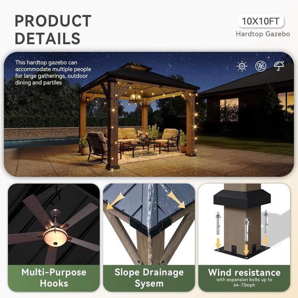 Montecito Cedar Wood Galvanized Steel Hardtop Gazebo with Dual-Tier Roof