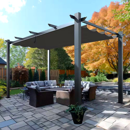 Aluminum Pergola with Dark Gray Retractable Canopy
