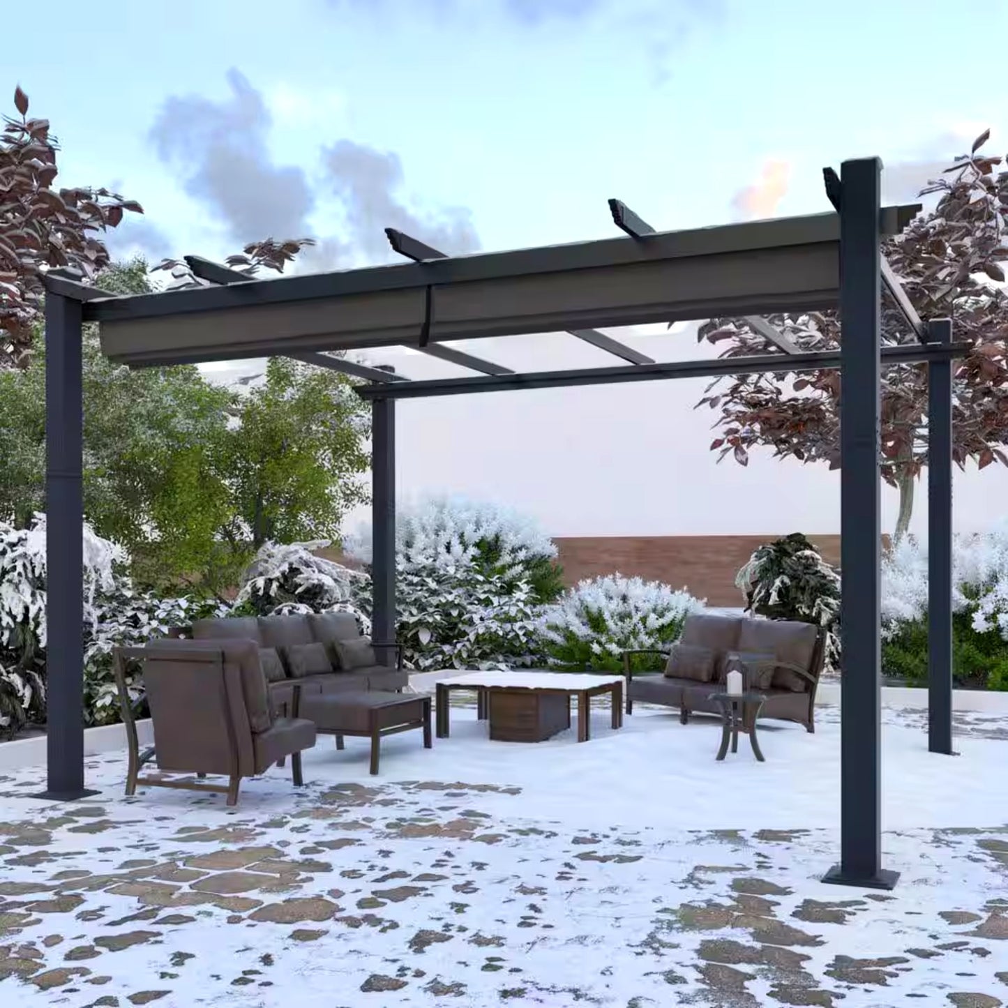 Aluminum Pergola with Dark Gray Retractable Canopy