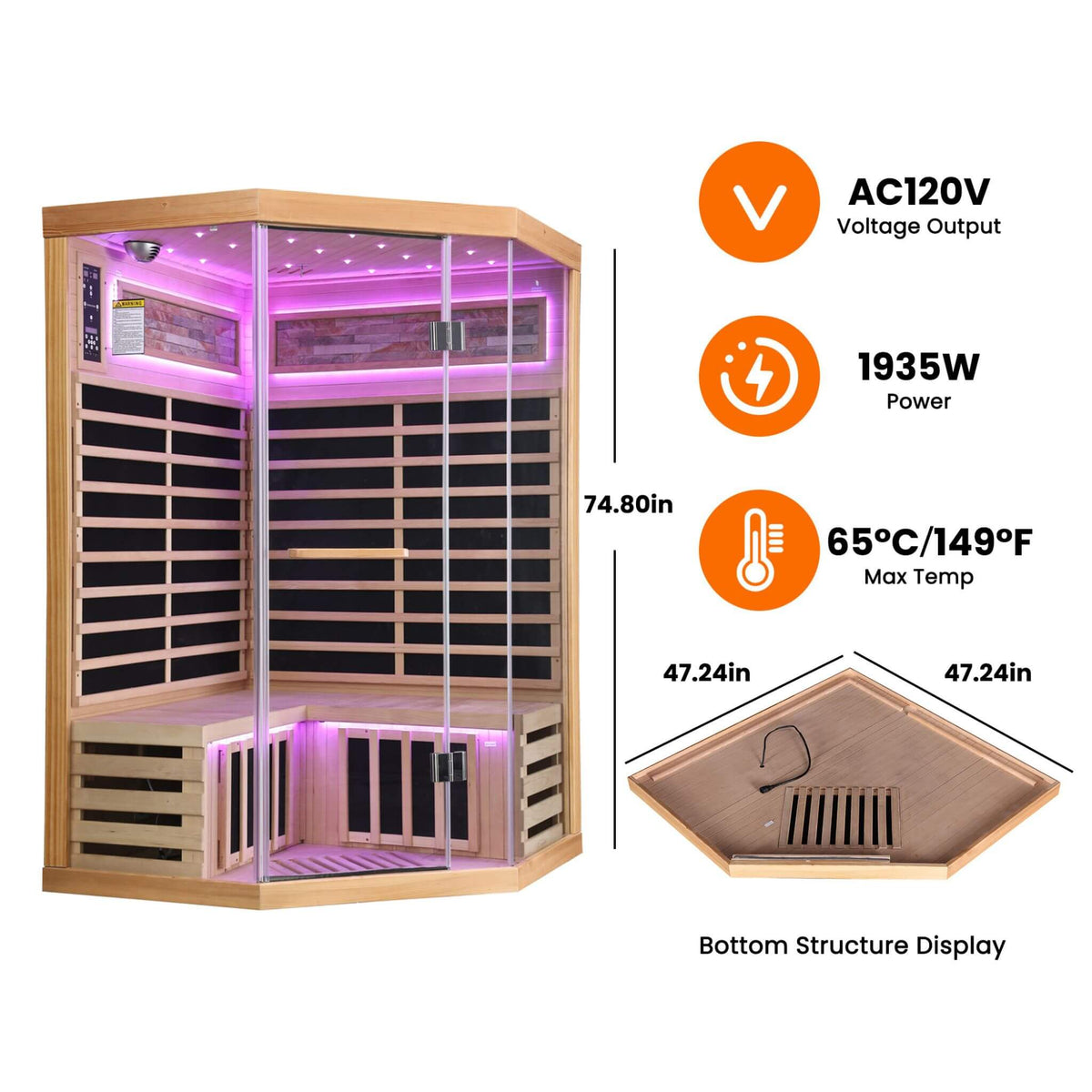 Thermora Premium Canadian Hemlock 2-Person Indoor Infrared Sauna with Starry Sky Lighting