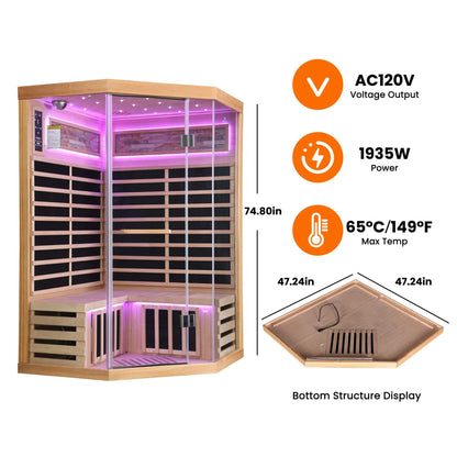 Thermora Premium Canadian Hemlock 2-Person Indoor Infrared Sauna with Starry Sky Lighting